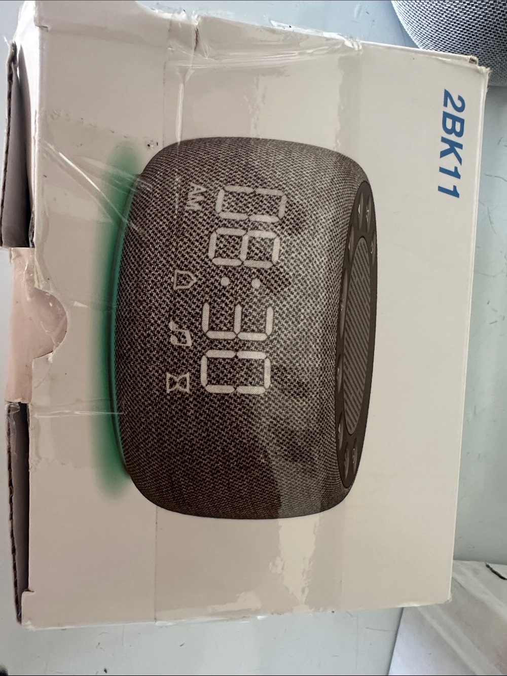 Gray Smart Bluetooth Speaker with LED Clock and Fabric Finish